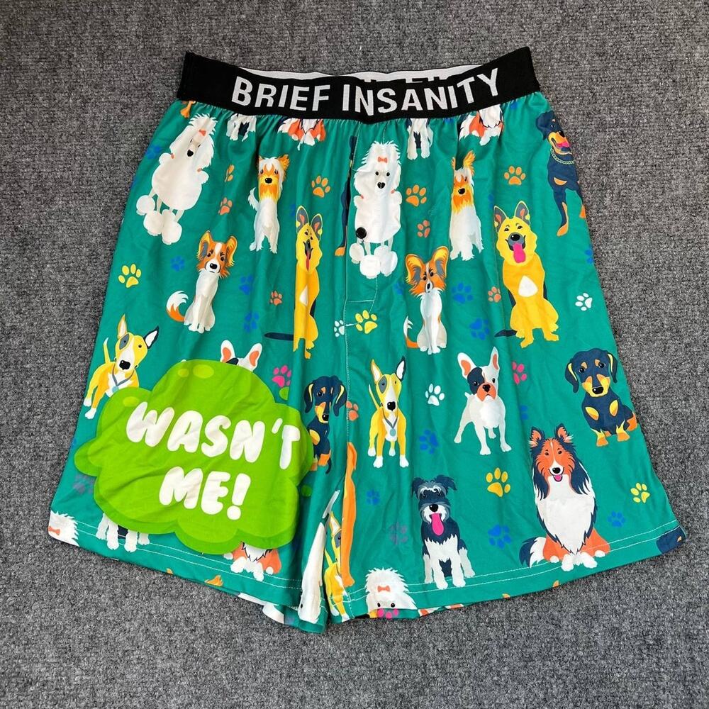 Brief Insanity Men’s Dog Print Lounge Shorts “Wasn’t Me” Size M Funny Sleepwear